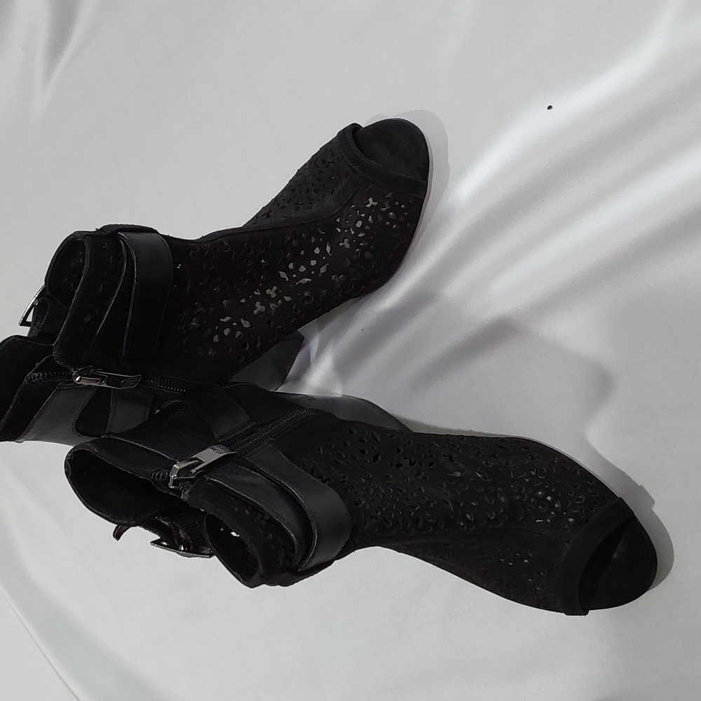 Vince Camuto, open toe, chunky heel booties